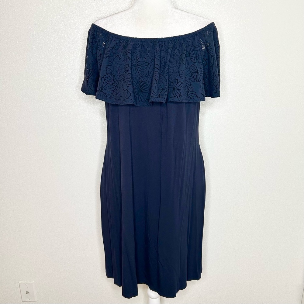 Lane Bryant Navy Blue Ruffle Off The Shoulder Knit Dress With Pockets Size 10/12